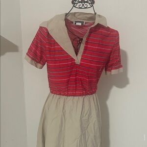 Red Striped Polo Top Dress with Khaki Skirt